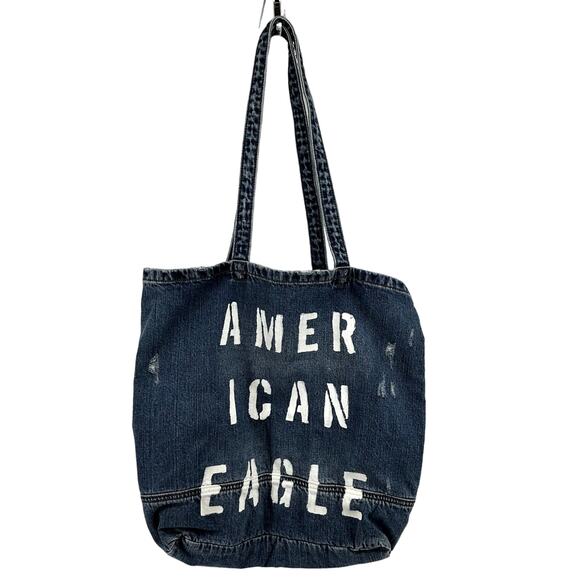American Eagle Outfitters Denim Tote Beach Bag Distressed Logo Cotton One Size - Picture 1 of 4